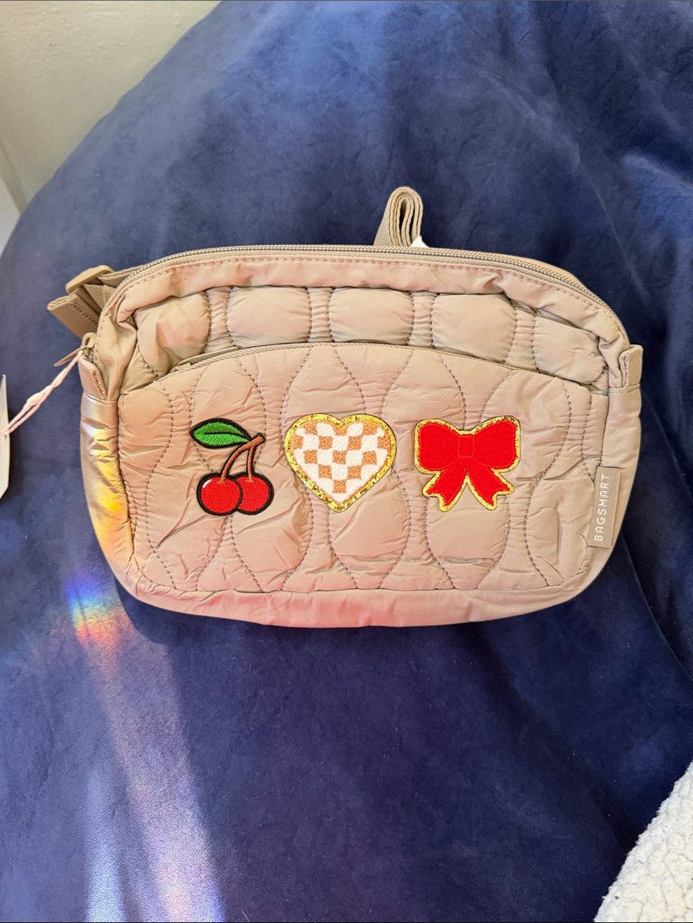 Quilted Beige Crossbody Pouch with Cherry & Bow Patches